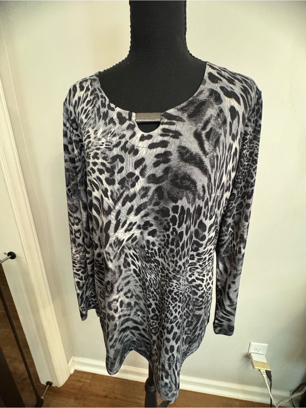 Susan Graver Black and Gray Animal-Print Long Sleeve Top with Front Cutout Bar
